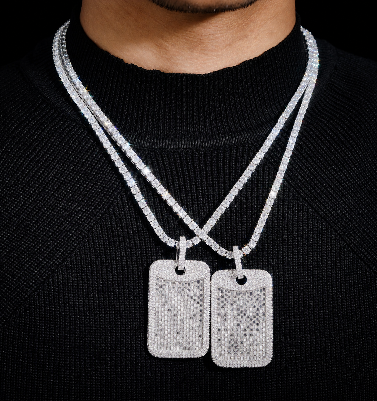 Dog Tag Silver Moissanite Tennis Chain 14K Gold (ALL SIZES)