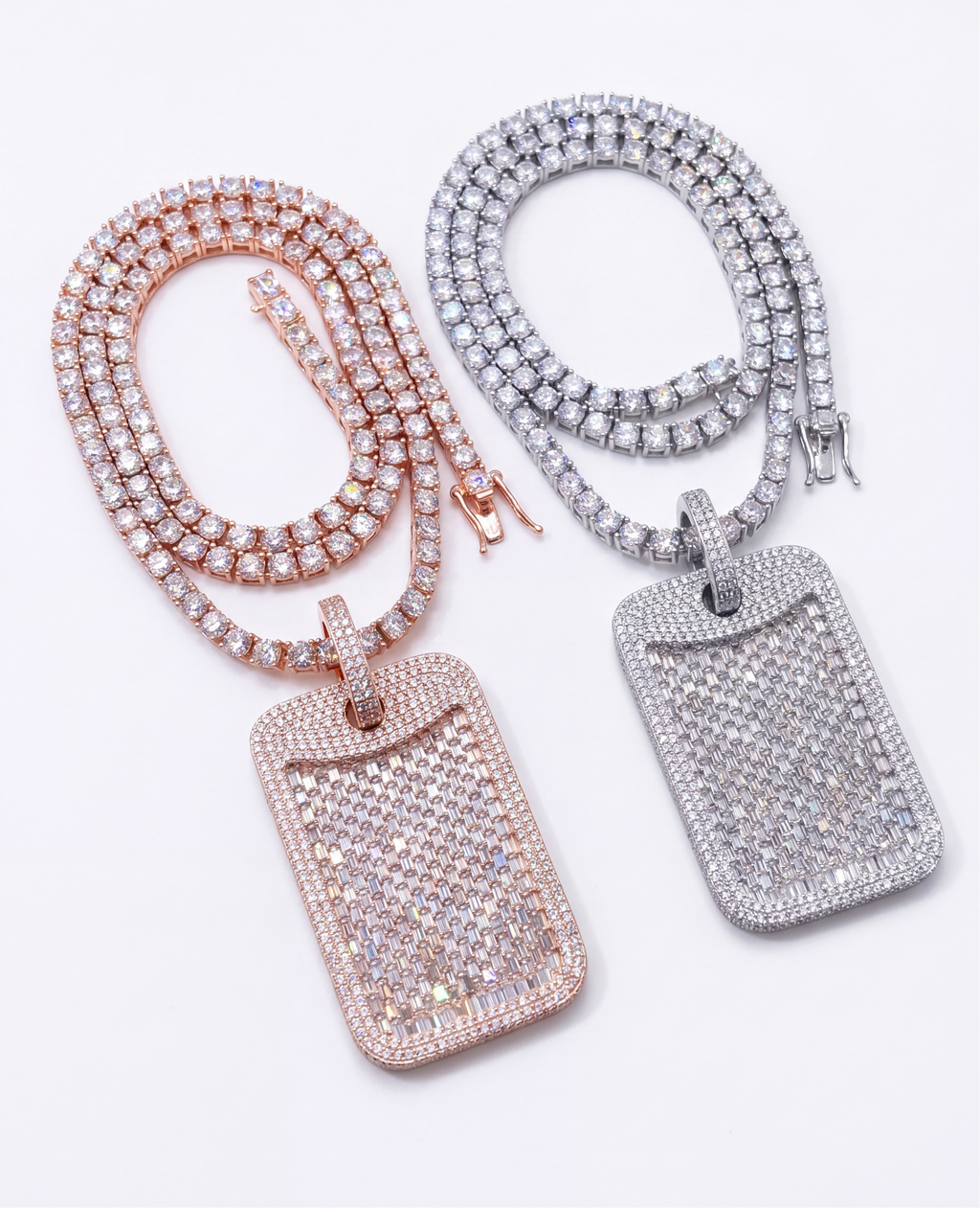 Dog Tag Silver Moissanite Tennis Chain 14K Gold (ALL SIZES)